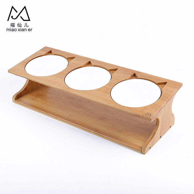 Miaoxianer cat bowl ceramic solid wood stand dog bowl pet bowl three bowl neck guard high foot oblique mouth cat bowl cat supplies wholesale