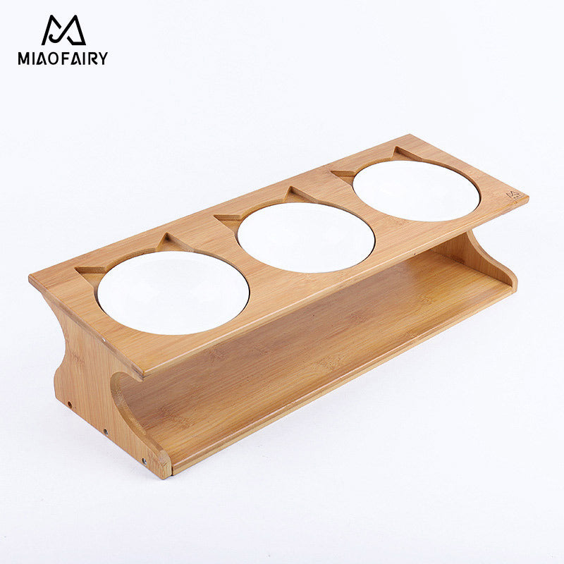 Miaoxianer cat bowl ceramic solid wood stand dog bowl pet bowl three bowl neck guard high foot oblique mouth cat bowl cat supplies wholesale