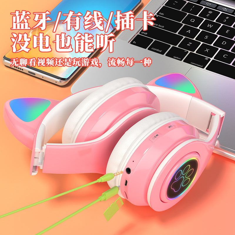 New head-mounted cat ear bluetooth headset B39 cat ear cute cat ear wireless headset LED flash light