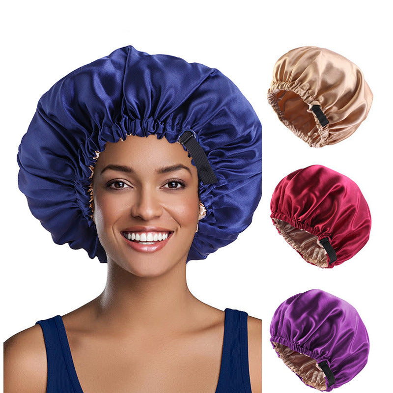 Invisible buckle adjustment buckle double-layer satin nightcap solid color elastic shower cap beauty hair care cap popular in Europe and America