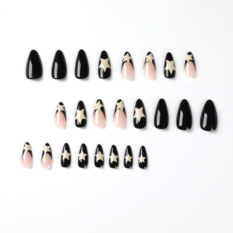 Wearing Nails Mid-Length Wearing Nails French Style Black Edge Milky White Five-Pointed Star Manicure Wearing Nails Wholesale Nails