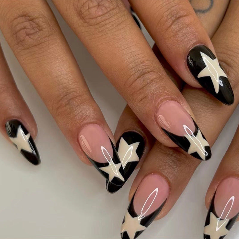 Wearing Nails Mid-Length Wearing Nails French Style Black Edge Milky White Five-Pointed Star Manicure Wearing Nails Wholesale Nails