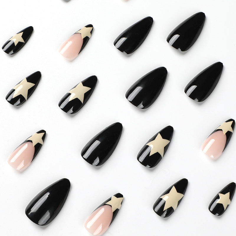 Wearing Nails Mid-Length Wearing Nails French Style Black Edge Milky White Five-Pointed Star Manicure Wearing Nails Wholesale Nails