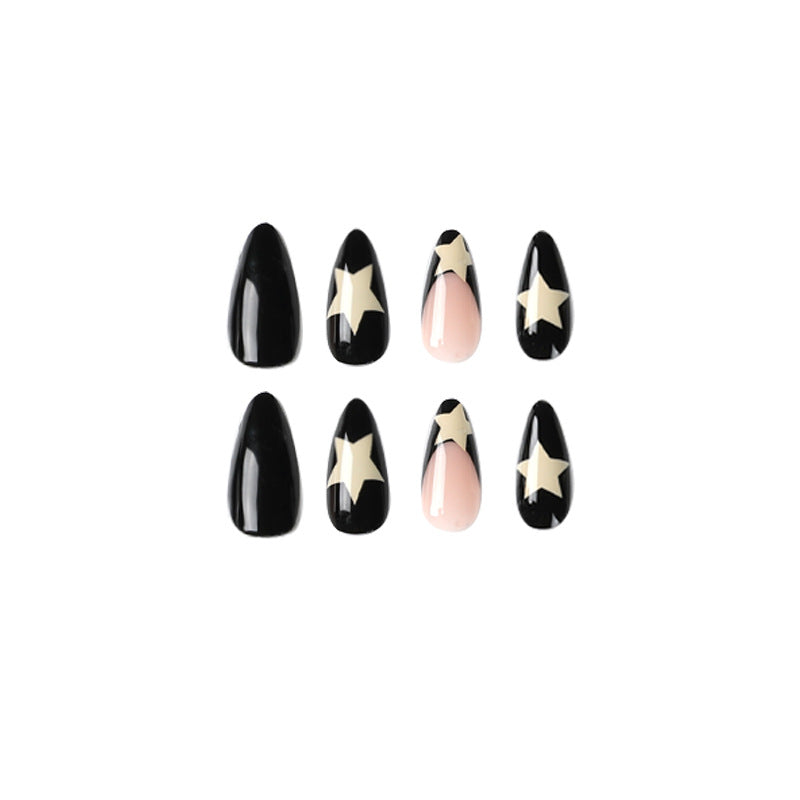 Wearing Nails Mid-Length Wearing Nails French Style Black Edge Milky White Five-Pointed Star Manicure Wearing Nails Wholesale Nails