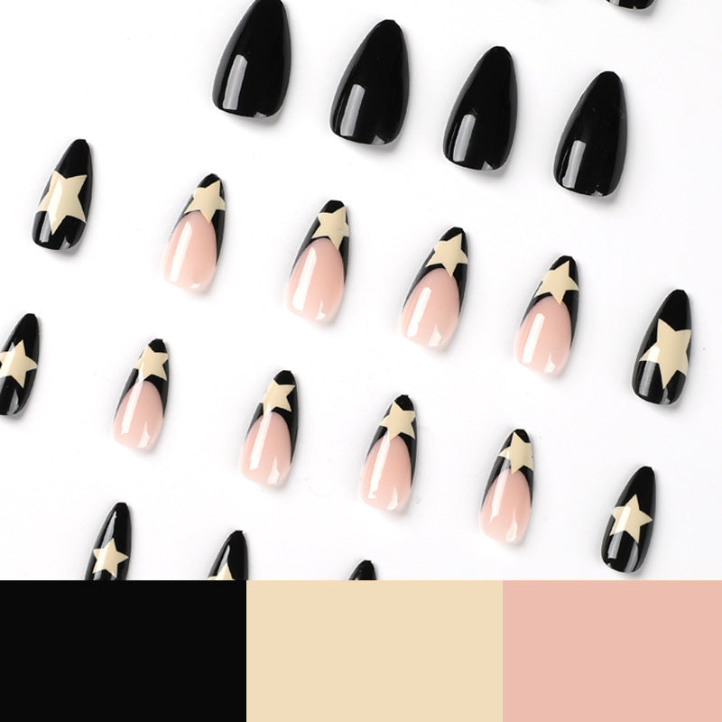 Wearing Nails Mid-Length Wearing Nails French Style Black Edge Milky White Five-Pointed Star Manicure Wearing Nails Wholesale Nails