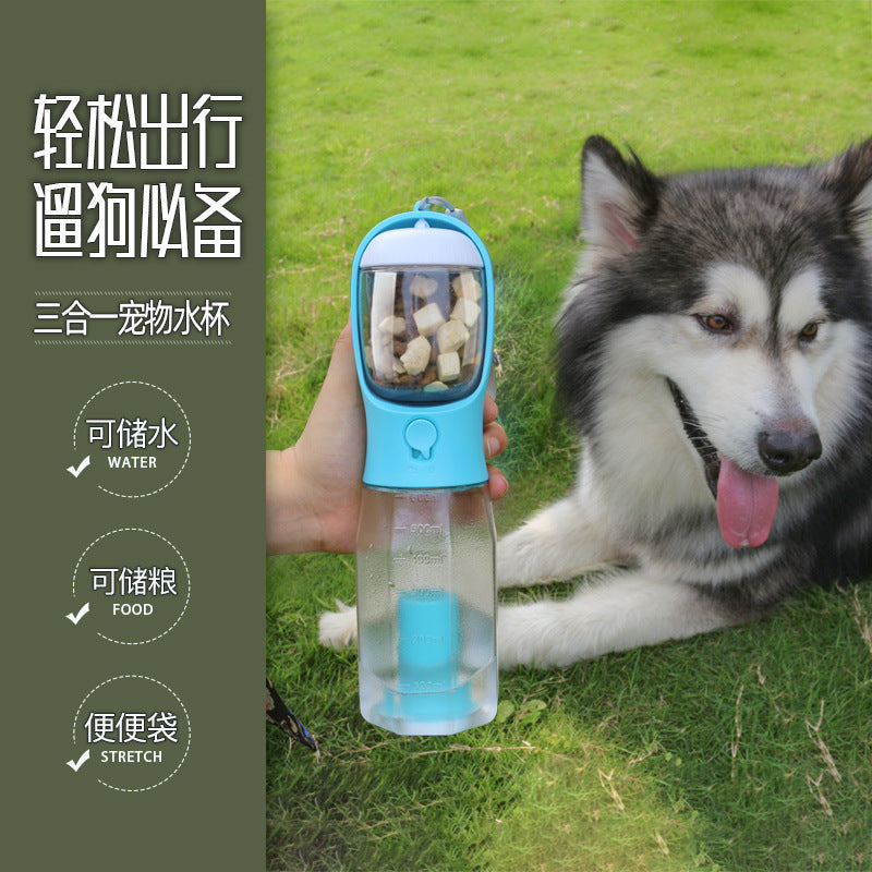 The new three-in-one pet dog accompanying cup portable drinking water dog food garbage bag one multifunctional water cup kettle